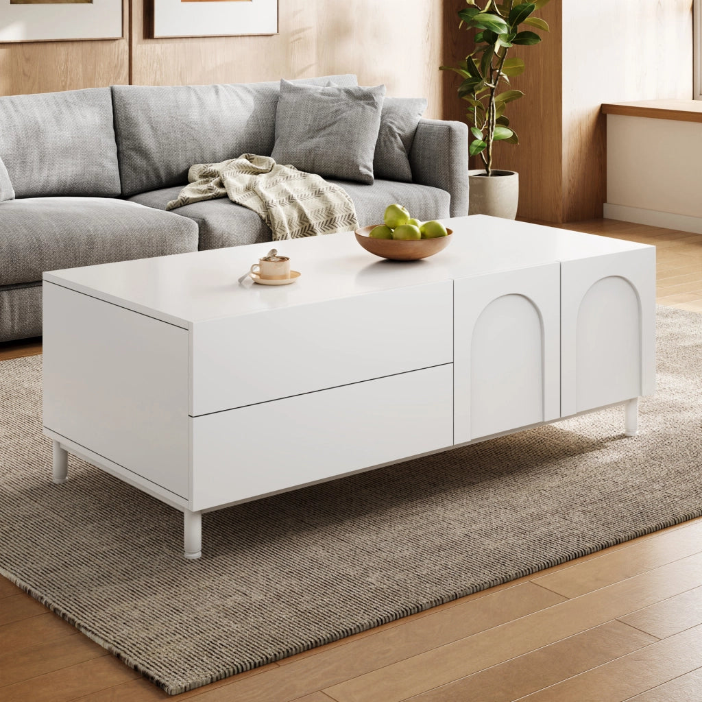 Tavolino basso con 2 cassetti e 2 ante vano chiuso per soggiorno in MDF e truciolare bianco 100 × 50 × 39,5 cm