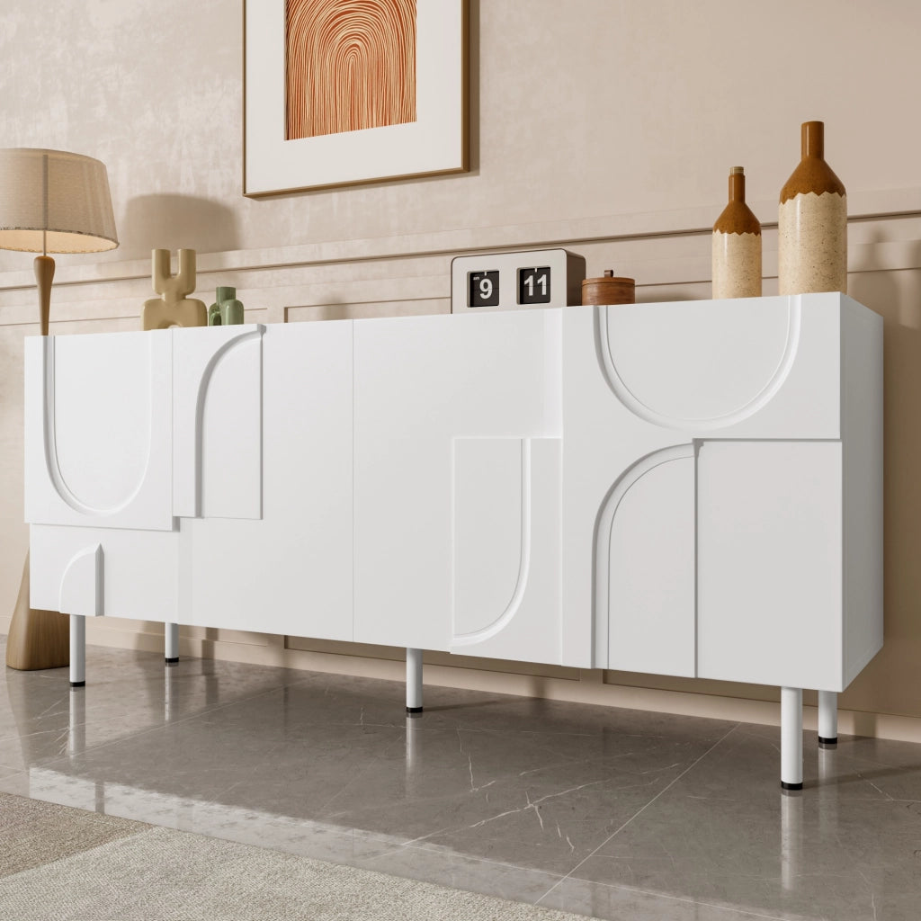 Credenza con 4 Ante e Piedini in Metallo; Design Geometrico Moderno con Curve Irregolari; in MDF e Pannello Truciolare; Bianca