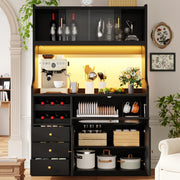Credenza alta con vetrina, 3 cassetti, portabottiglie e ante a ribalta, per cucina e pranzo, nero, 120 × 40 × 180 cm