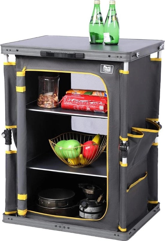 Cucina da Campeggio - Cassa da Campeggio - Cucina da Campeggio con Ripostiglio - Cucina da Campeggio con Tavolo da Cucina – Cassetta da Campeggio Ripiegabile – Cassetta Culinaria – Cassetta Culinaria per Campeggio – 60 x 50 x 80 cm - Grigio