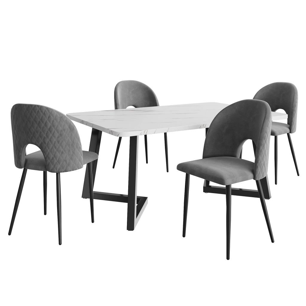 Tavolo da pranzo per 4 persone con 4 sedie in velluto e MDF, gambe regolabili, grigio
