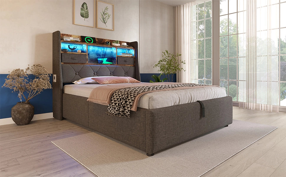 DESMIU Letto imbottito 90 × 200 cm 1 posto con LED, USB, Type-C, vano contenitore idraulico, senza materasso, grigio