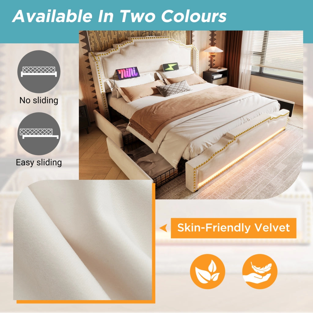 LETTO 160x200 cm in velluto beige con LED e porte USB/Type-C