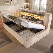 Letto singolo 90x200 cm con LED; contenitore idraulico e testiera L reversibile in lino beige