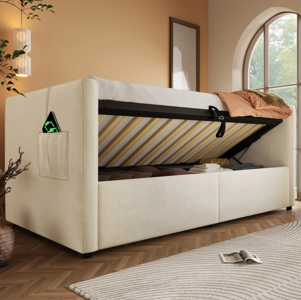 Divano letto 90x200 cm in velluto beige con contenitore， USB e Type-C， senza materasso