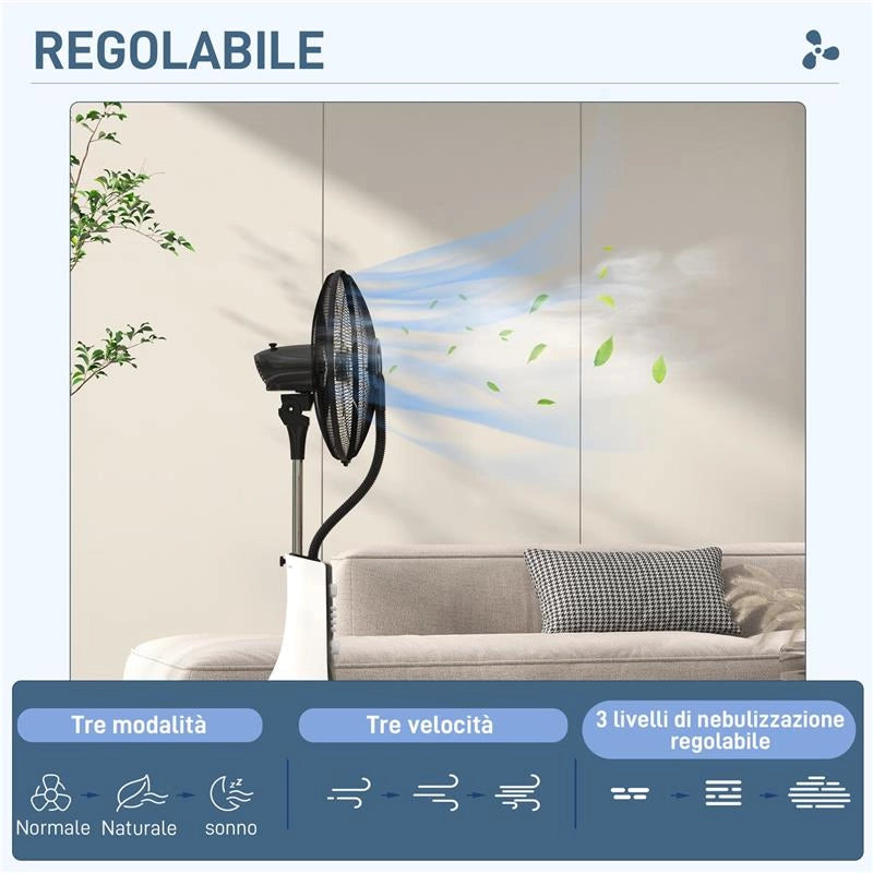 VENTILATORE NEBULIZZATORE CON SERBATOIO 3L 3 MODALITÀ E 3 VELOCITÀ 44.5X38.5X120 CM BIANCO E NERO