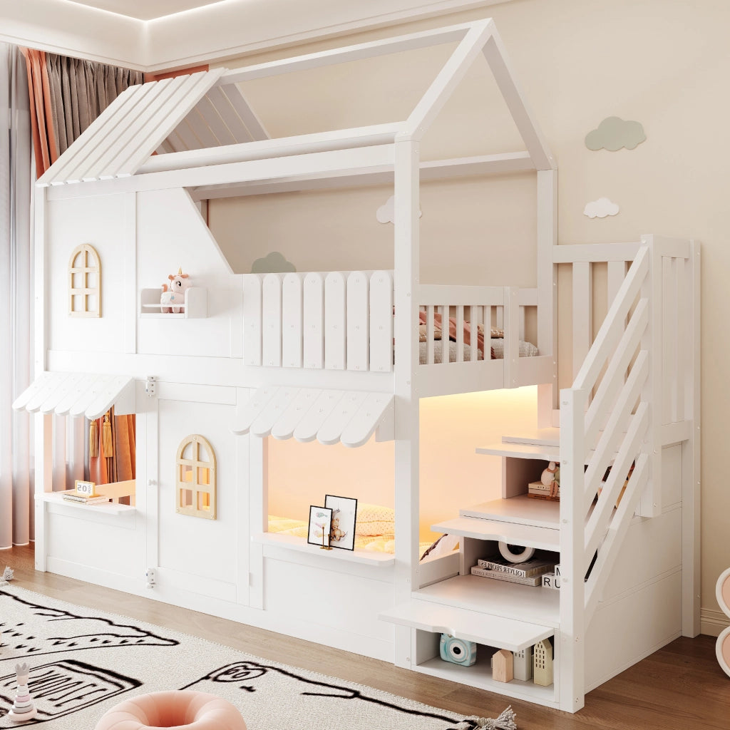 Letto a castello a casetta 90x200 cm con tetto; finestra; porta; scala contenitore; LED e ripiani; legno bianco