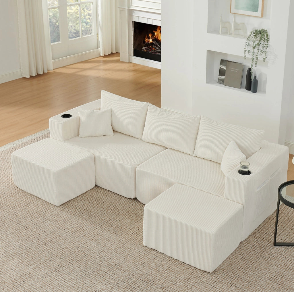 Divano angolare modulare a 3 posti con pouf mobili; tessuto a coste beige