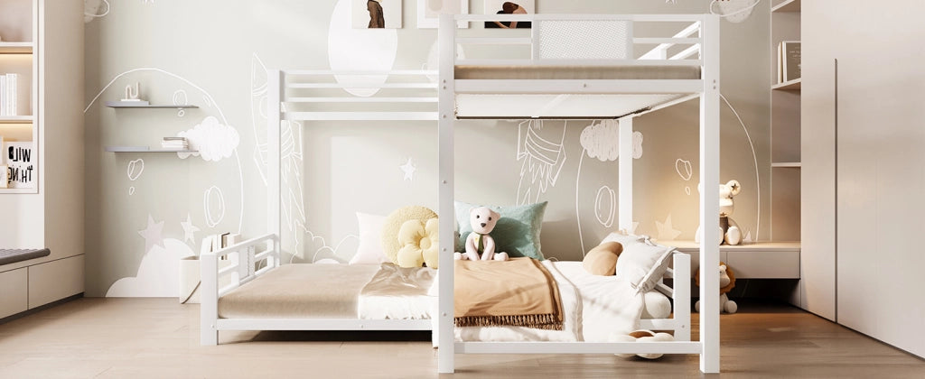 DESMIU Letto a castello in metallo 140 × 200 cm 2 posti, con sbarre di sicurezza, senza materasso, bianco