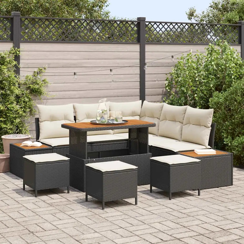 Set Divano da Giardino con cuscino 9 pcs Nero Poly Rattan