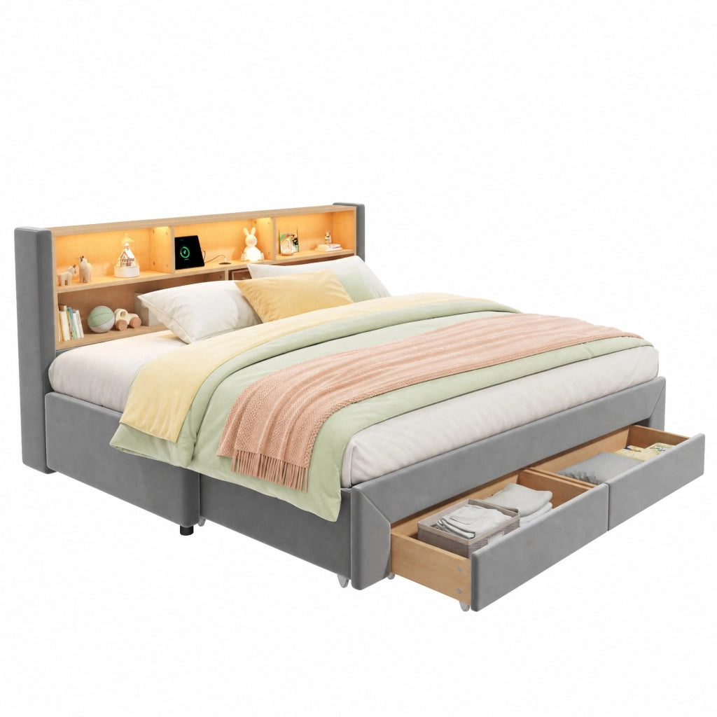 Letto daybed estraibile con cassetti; USB e LED; 90x200 cm in velluto grigio