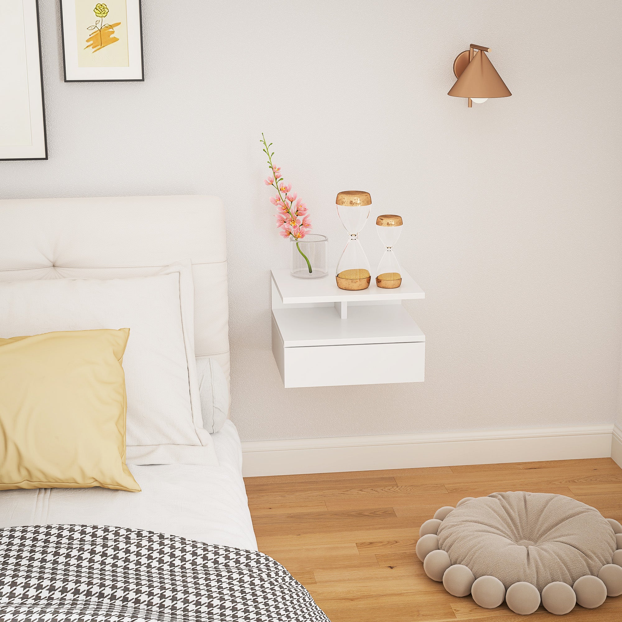 Comodino Sospeso per Camera da Letto 35x32x22,5 cm con Cassetto in Legno Bianco