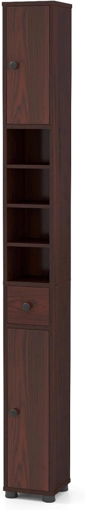 Mobile Bagno Alto Stretto, Mobiletto Colonna Salvaspazio con 1 Cassetto, 5 Ripiani Regolabili e Struttura Antiscivolo, Mobile a Terra per Ingresso, 20 x 20 x 180 cm (4 Ripiani, Marrone)