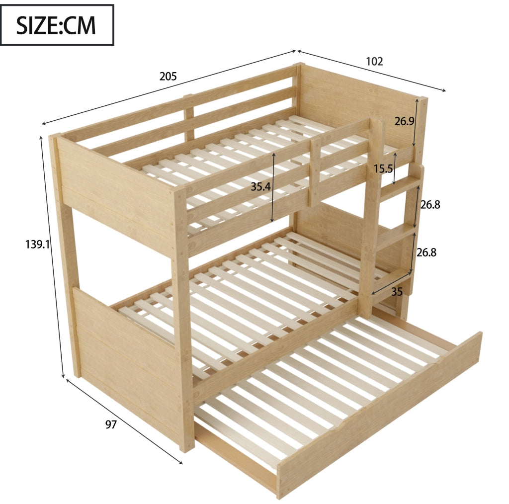 Letto a castello 90x200 cm con letto estraibile e sponde di sicurezza in legno colore naturale