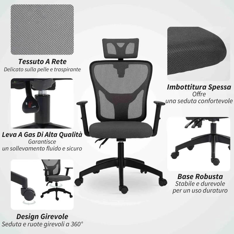 SEDIA DA UFFICIO ERGONOMICA E REGOLABILE CON SUPPORTO LOMBARE E POGGIATESTA, 66X61X106-116 CM, GRIGIO