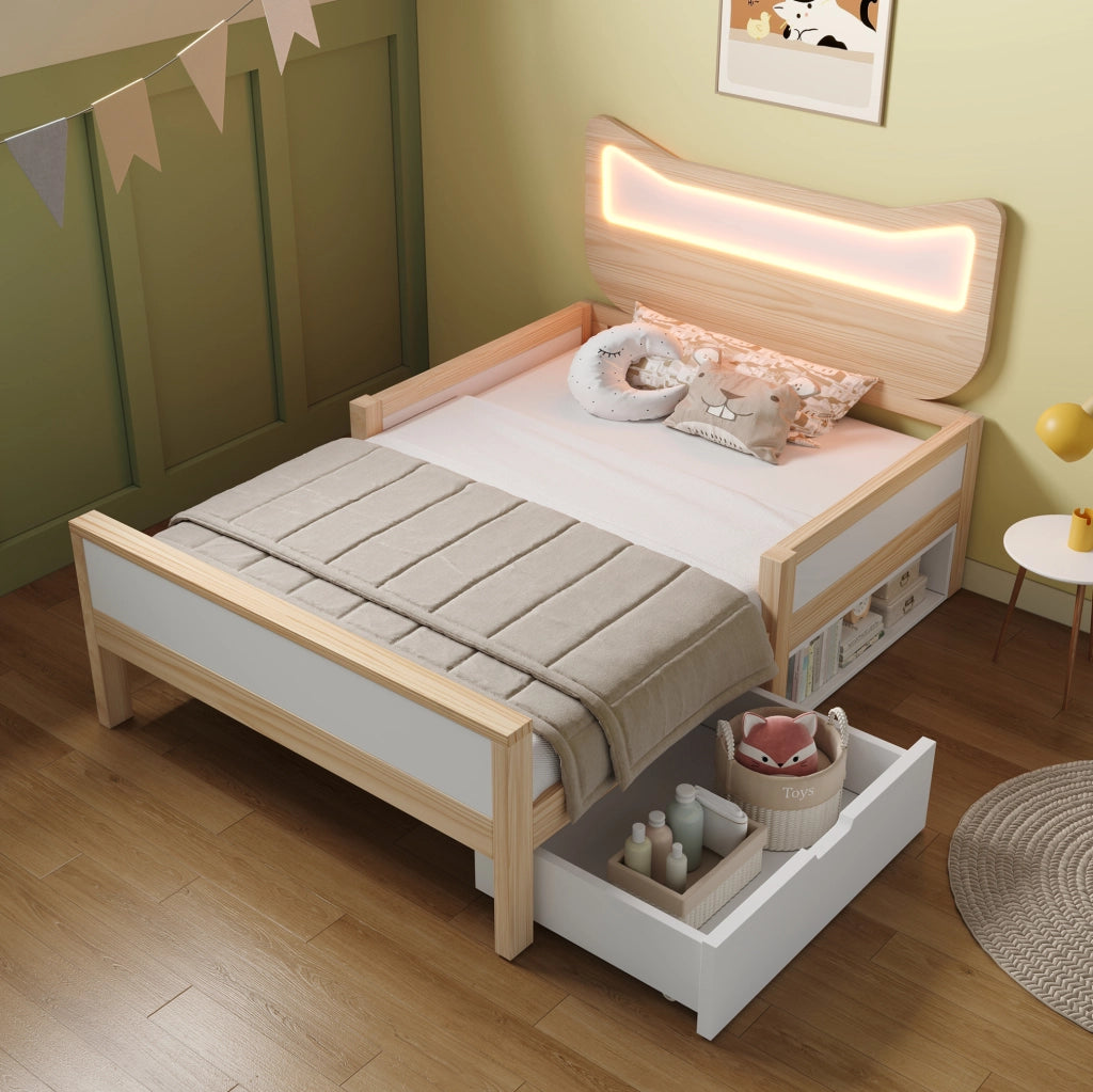 Letto per bambini 90x200 cm con testiera a forma di gatto e LED RGB