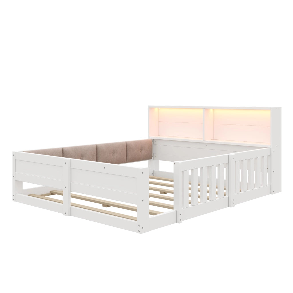 Letto con Sponda 140x200 cm; Letto Singolo - LED; Mensole e Sponde - Bianco