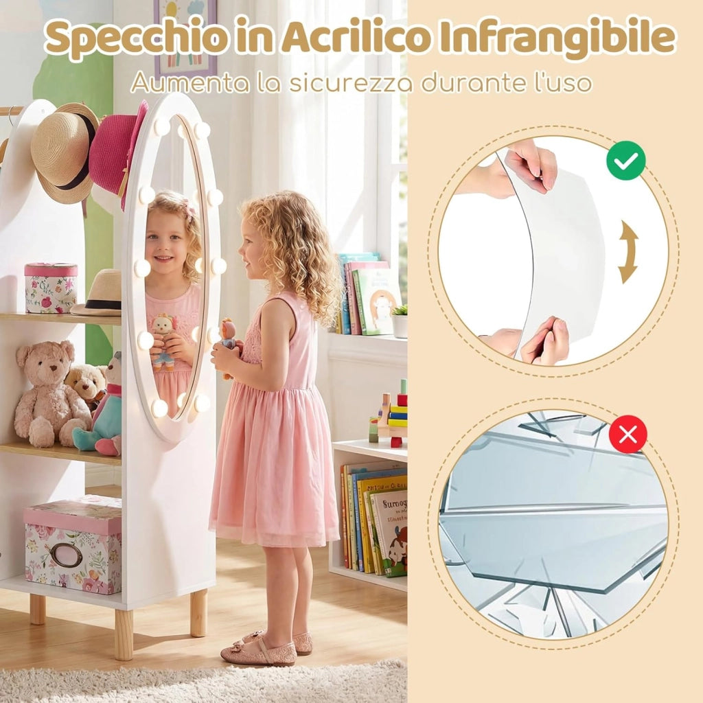 Guardaroba per Bambini, Armadio Gioco con Specchio e Luci, Guardaroba Aperto con Ripiani e Ganci, Organizer per Stanza e Camera da Letto, 91x28x110 cm