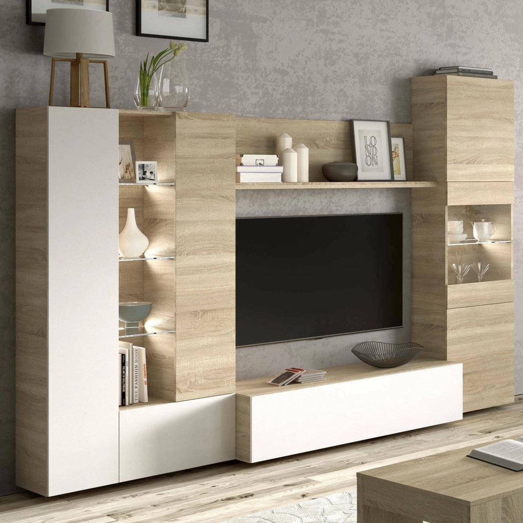 Mobile Soggiorno Angioletto, Parete Attrezzata 15 Ripiani, 260x42x185h cm Marrone Rovere