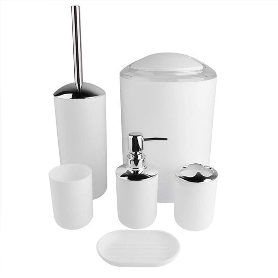 Set accessori da bagno 6 pezzi - Dispensatore di sapone - Ospite per spazzola da denti/bacino - Spazzola per il water con supporto - Cestino per rifiuti - Sostenibile Plastica/Metallo - Accessori da bagno