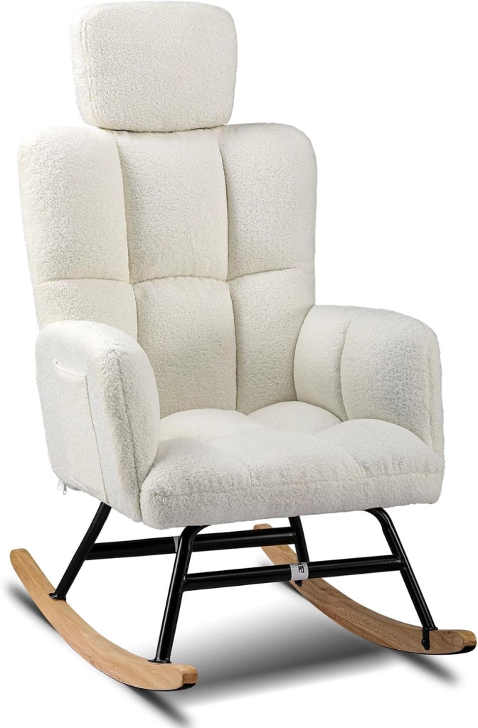 Poltrona a dondolo, poltrona relax con braccioli Poggiatesta in peluche felpato, portata massima 150 kg, sedia a sdraio da giardino per camera da letto, soggiorno, beige