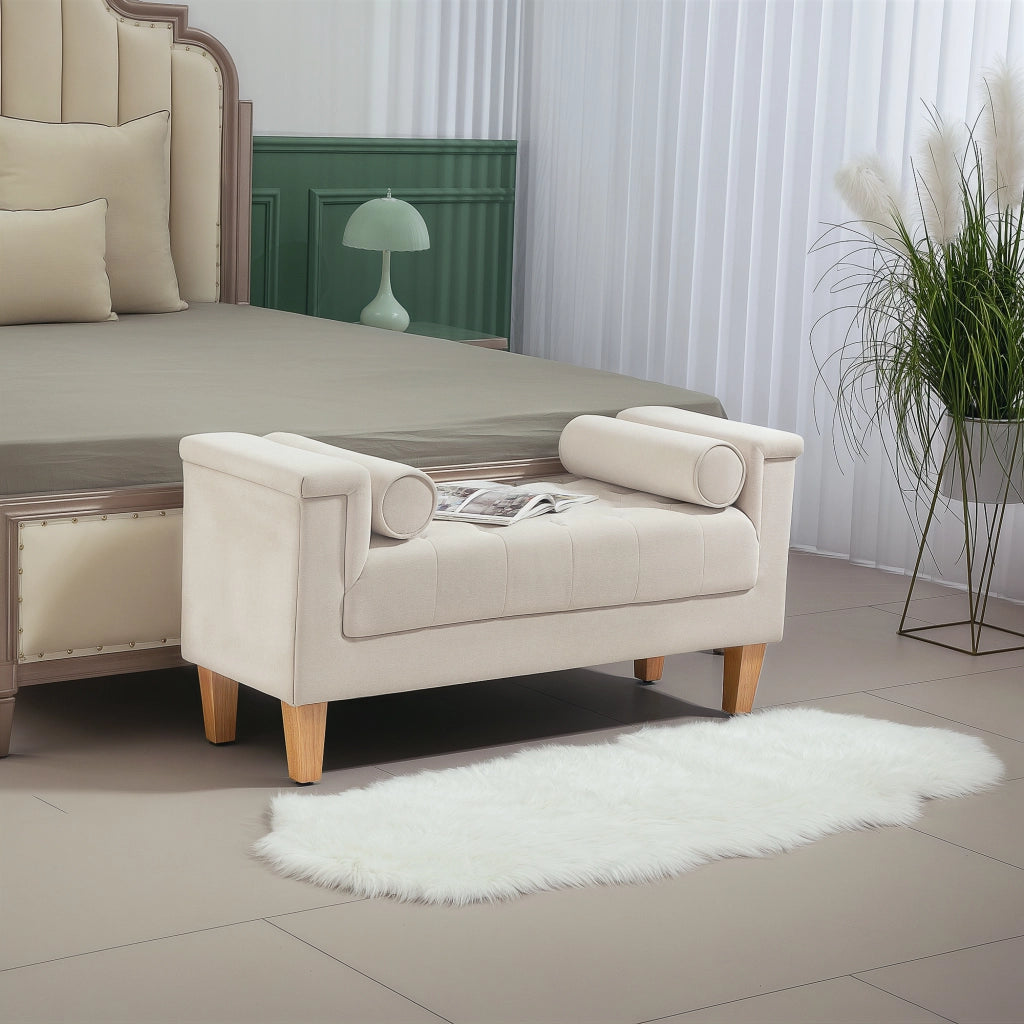 Panca da letto imbottita vintage con braccioli e cuscini, struttura in legno, in poliestere beige