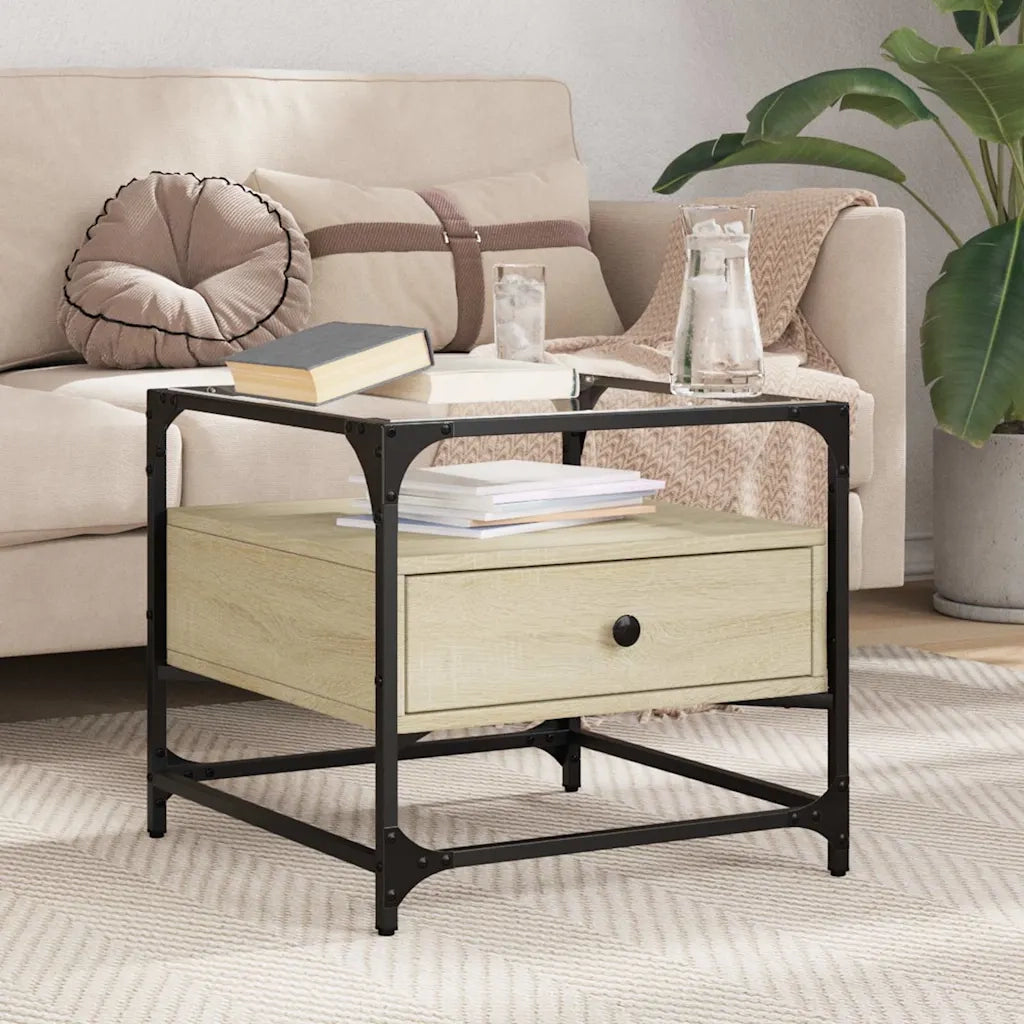 Tavolino da salotto | Tavolino da caff¨¨ | Tavolino da Soggiorno con Piano in Vetro Rovere Sonoma 50x50x45 cm Acciaio