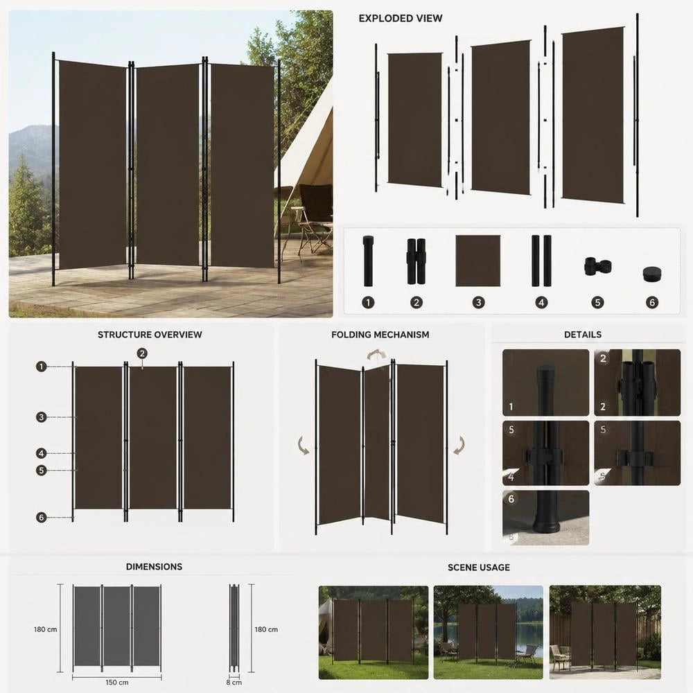 3-piece Room Divider, Brown, 150x180 Cm
