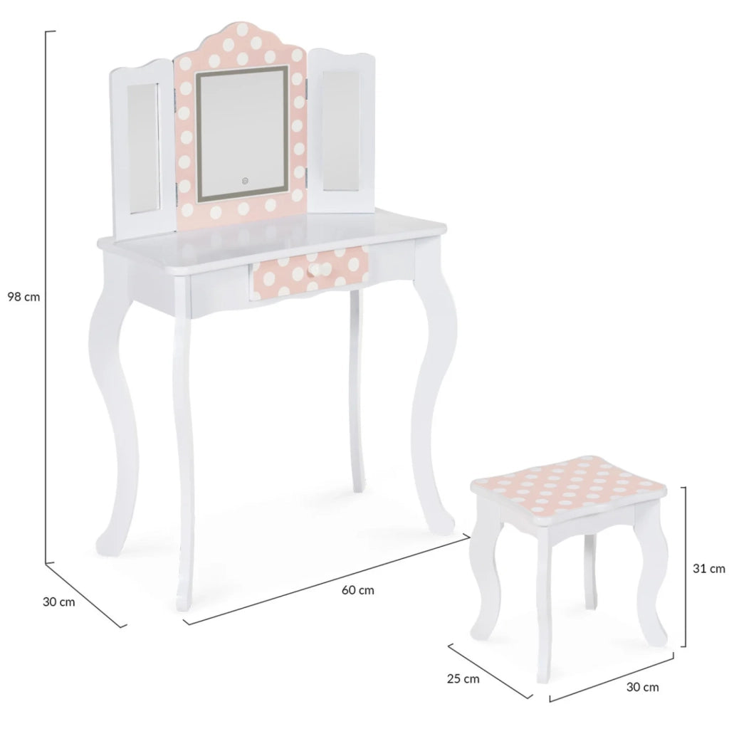 IDMarket - Tavolino per bambini a LED bianco e rosa ROZA con 3 specchi e sgabello