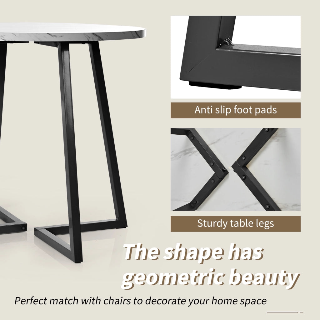 Tavolo da pranzo rotondo in MDF con piano effetto marmo e gambe in metallo per cucina e soggiorno bianco diametro 80 cm