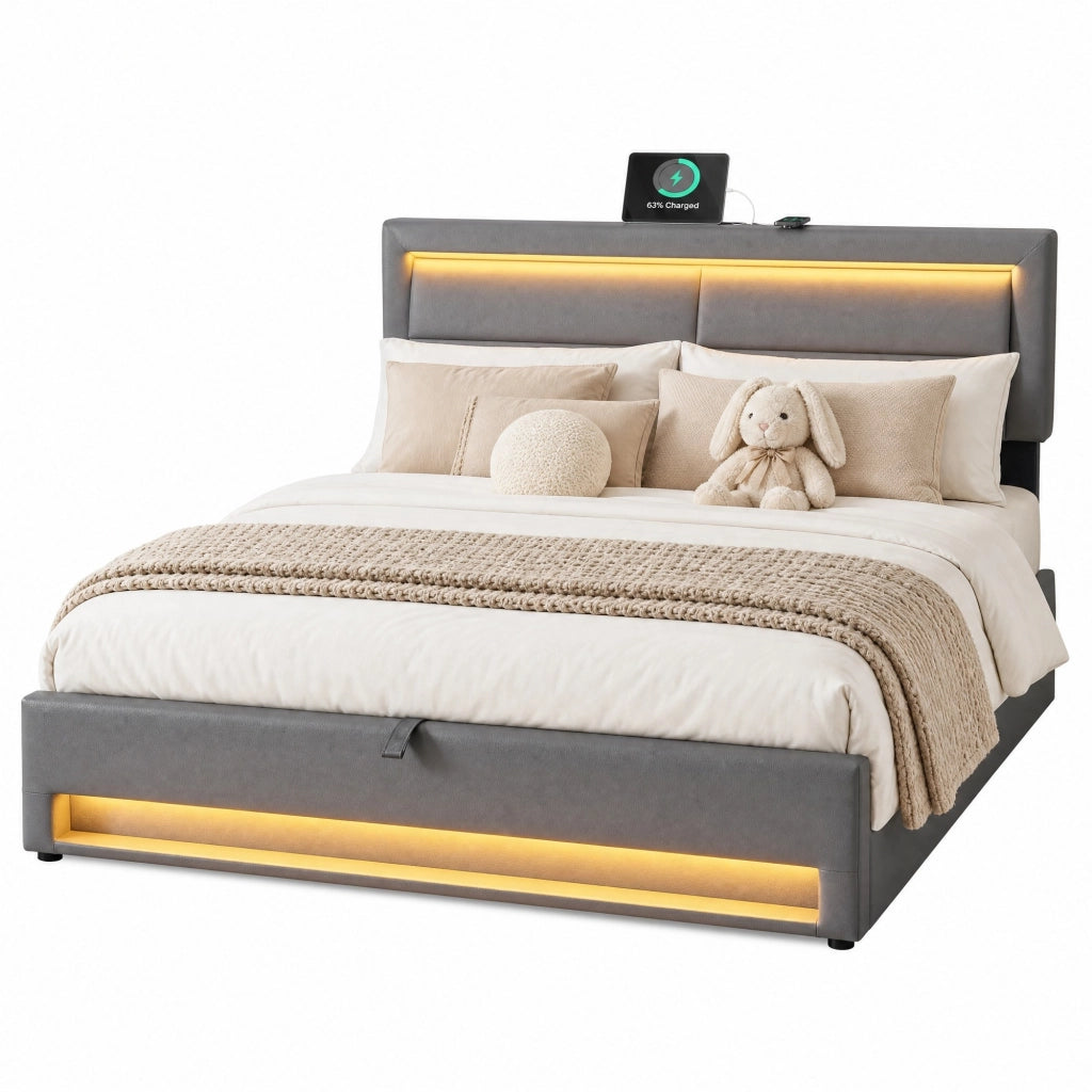 Letto imbottito 160x200 cm in PU grigio con USB, LED, contenitore e rete a doghe