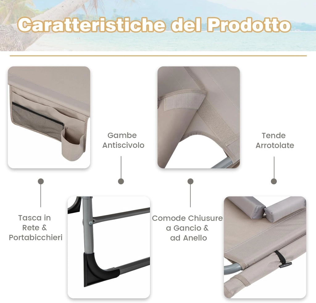 Lettino Prendisole Pieghevole Portatile, Lettino da Spiaggia con Fori per Viso e Braccia, Cuscino Poggiatesta e Tasca, Schienale Regolabile, per Mare e Piscina, Portata 180 kg (Grigio)