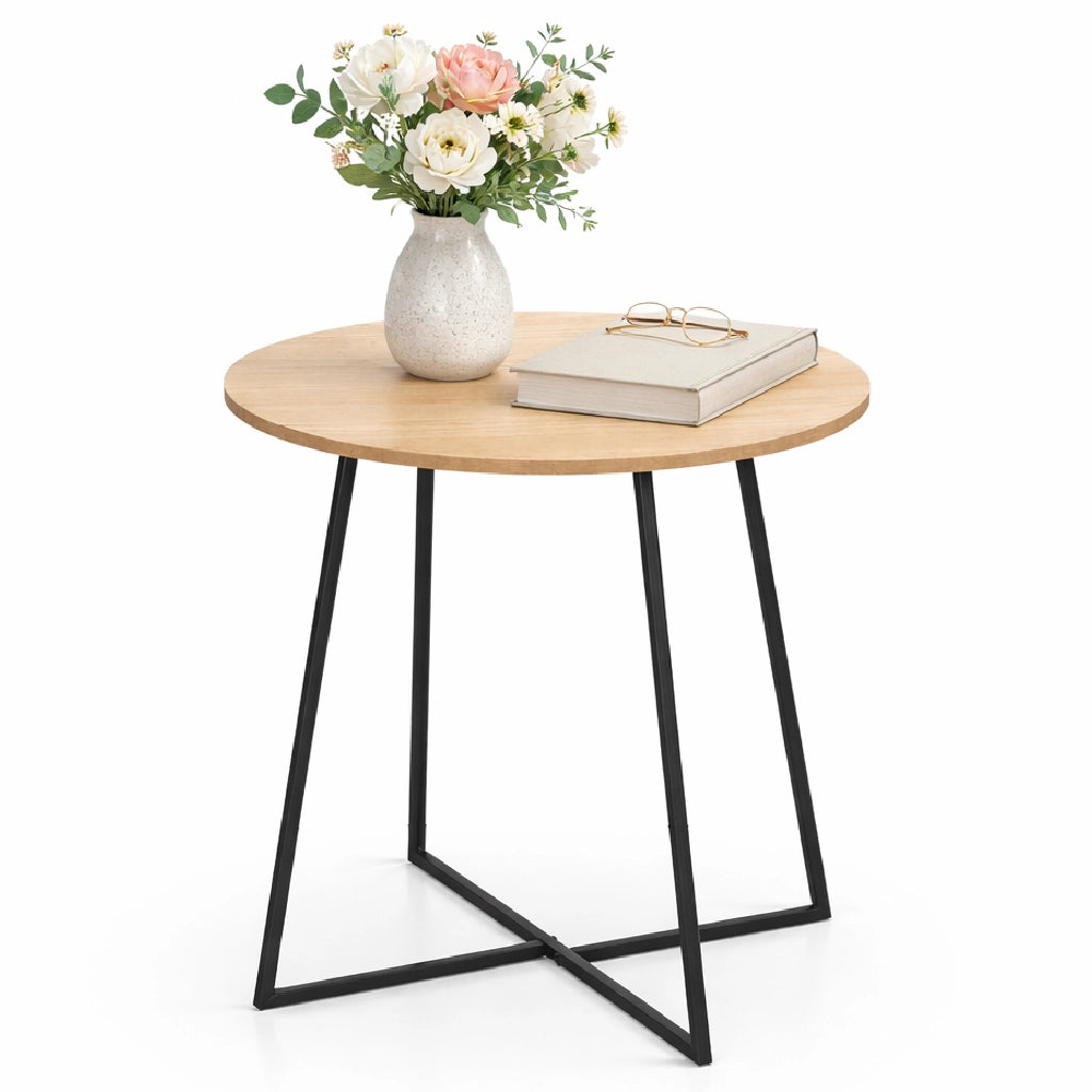 Tavolino da Salotto Tondo 40x40 Moderno Struttura Metallo Nero Piano in Legno
