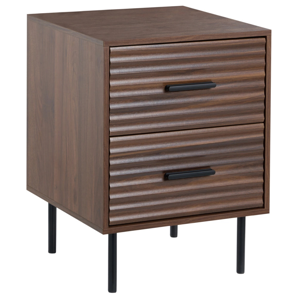 Comodino a 2 cassetti in truciolato marrone scuro con gambe in metallo mobile contenitore moderno design scanalato camera da letto
