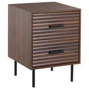 Comodino a 2 cassetti in truciolato marrone scuro con gambe in metallo mobile contenitore moderno design scanalato camera da letto