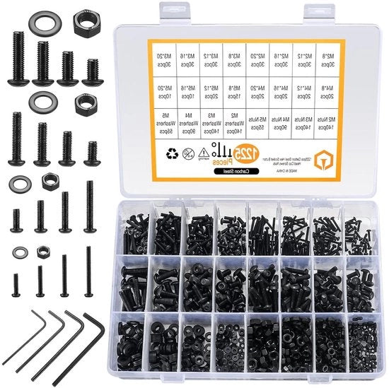 Kit di Viti e Bulloni Assortito M2 M3 M4 M5 - Acciaio di Carburo - Nero - Testa a Lente - Viti e Dadi Codati - 1225 pezzi.