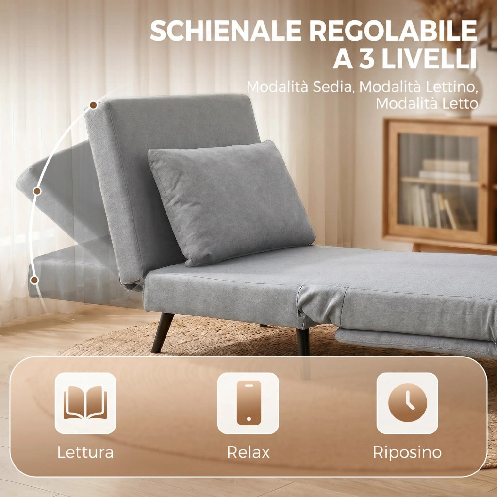 Poltrona Letto 75x88x78 cm con Schienale Regolabile e Cuscino in Tessuto Effetto Lino Grigio Chiaro