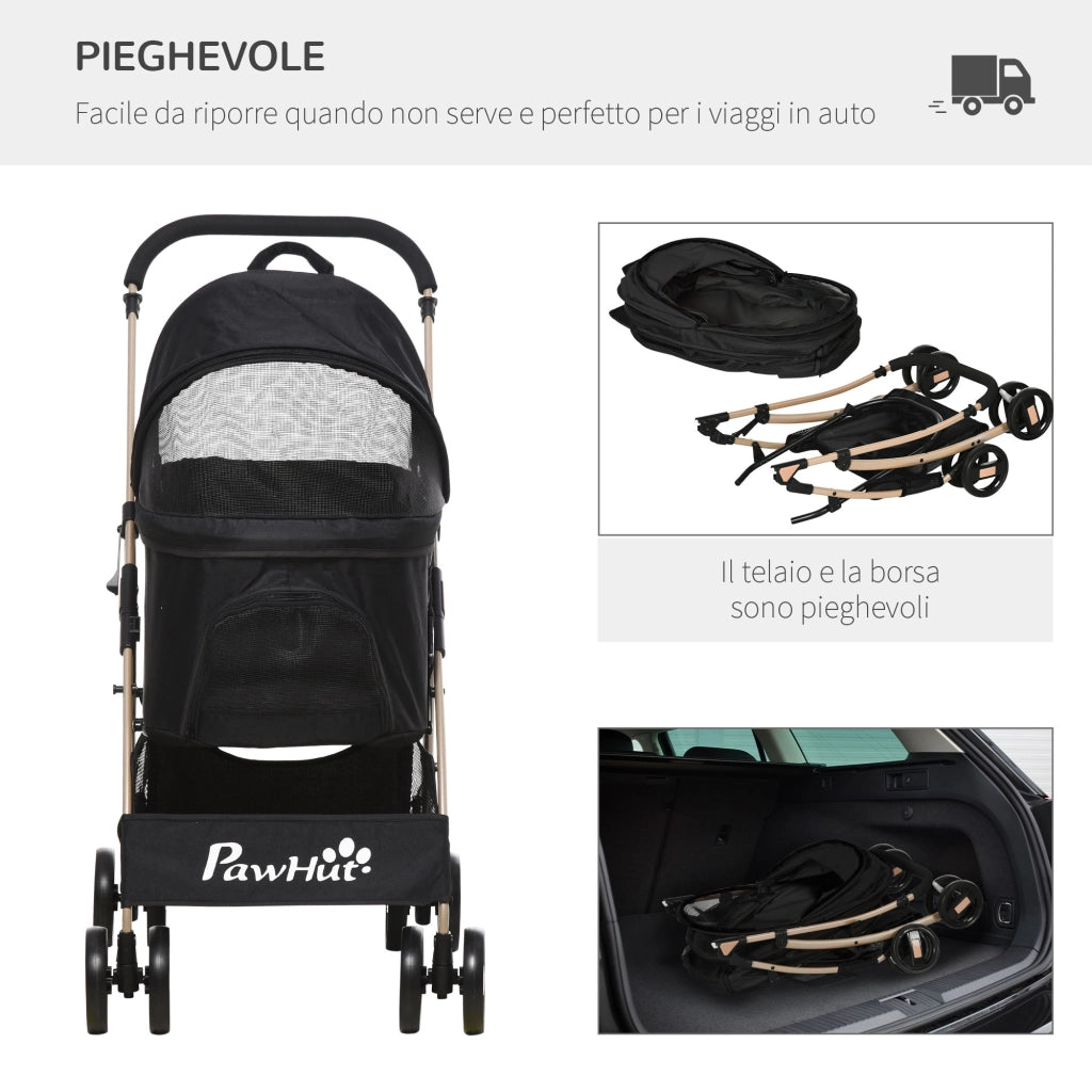 EasyComfort Passeggino per Cani Pieghevole con Trasportino Rimovibile e Tettuccio, 82x49.5x98cm, Nero