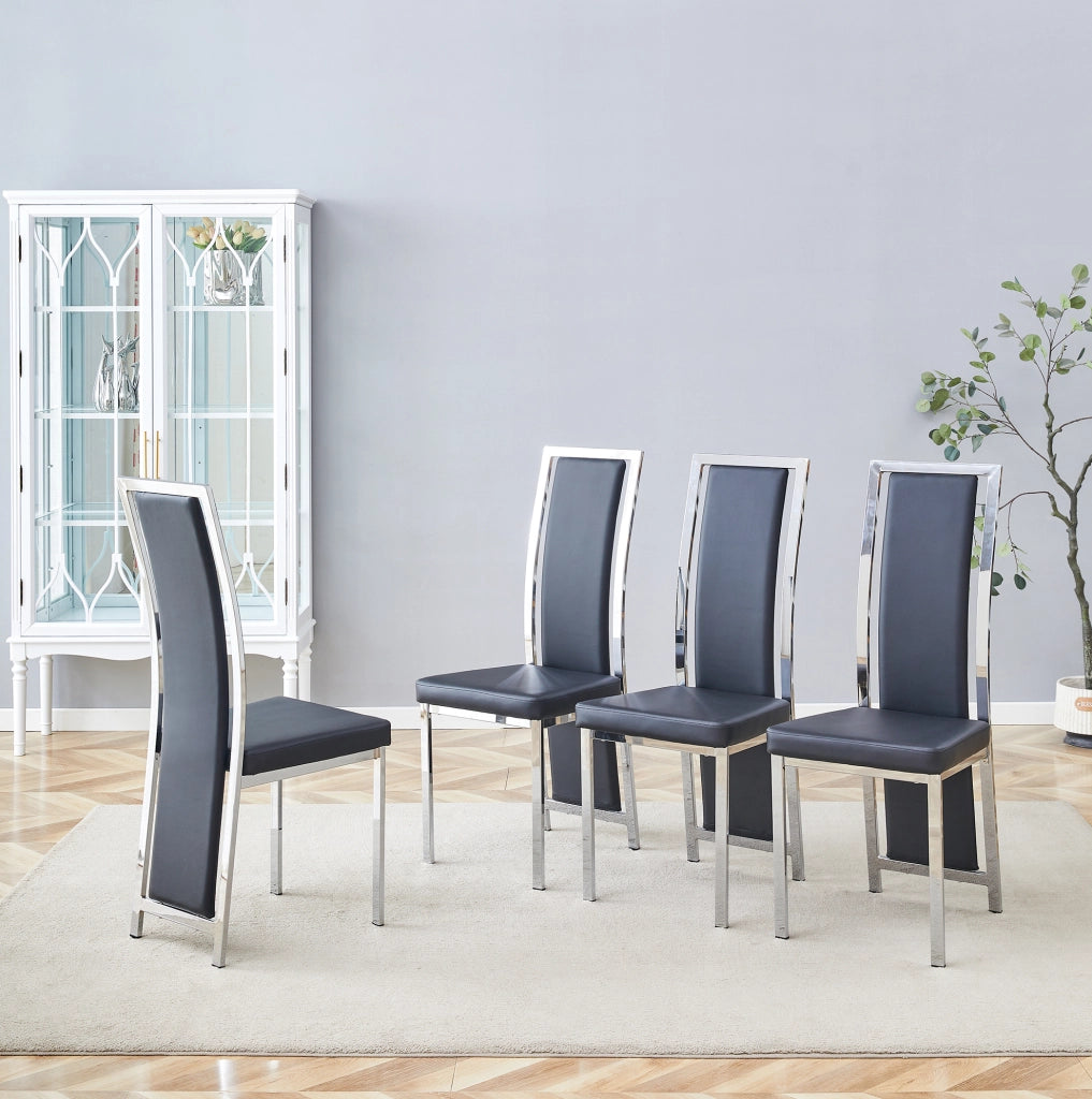 Set 4 sedie da pranzo moderne in PU nero con struttura in metallo argentato; 109 cm