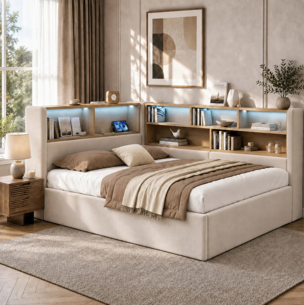 Letto da giorno imbottito ULEVR 140x190 cm con contenitore idraulico, LED, USB e Type-C, velluto beige