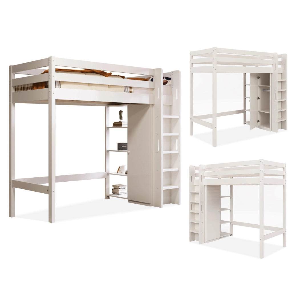 Letto a castello singolo bianco con armadio e 6 ripiani in truciolare e legno massello 90x200 cm