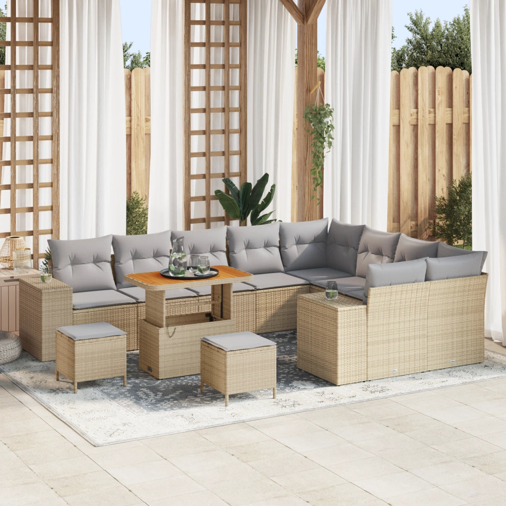 Set di SofÃ  da Giardino  12 Pezzi con Cuscini Rattan Beige Poli Rattan Acacia
