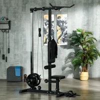Stazione Fitness Multifunzione con Lat Machine, Sedile Regolabile e Supporto per Dischi, Nero
