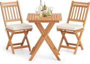 Set Bistro da Esterno in Legno di Acacia, Tavolo e 2 Sedie Pieghevoli con Cuscini, Tavolo Portata 80 kg/Sedia Portata 180 kg (Modello 2)