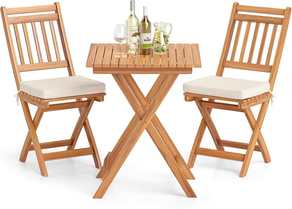 Set Bistro da Esterno in Legno di Acacia, Tavolo e 2 Sedie Pieghevoli con Cuscini, Tavolo Portata 80 kg/Sedia Portata 180 kg (Modello 2)