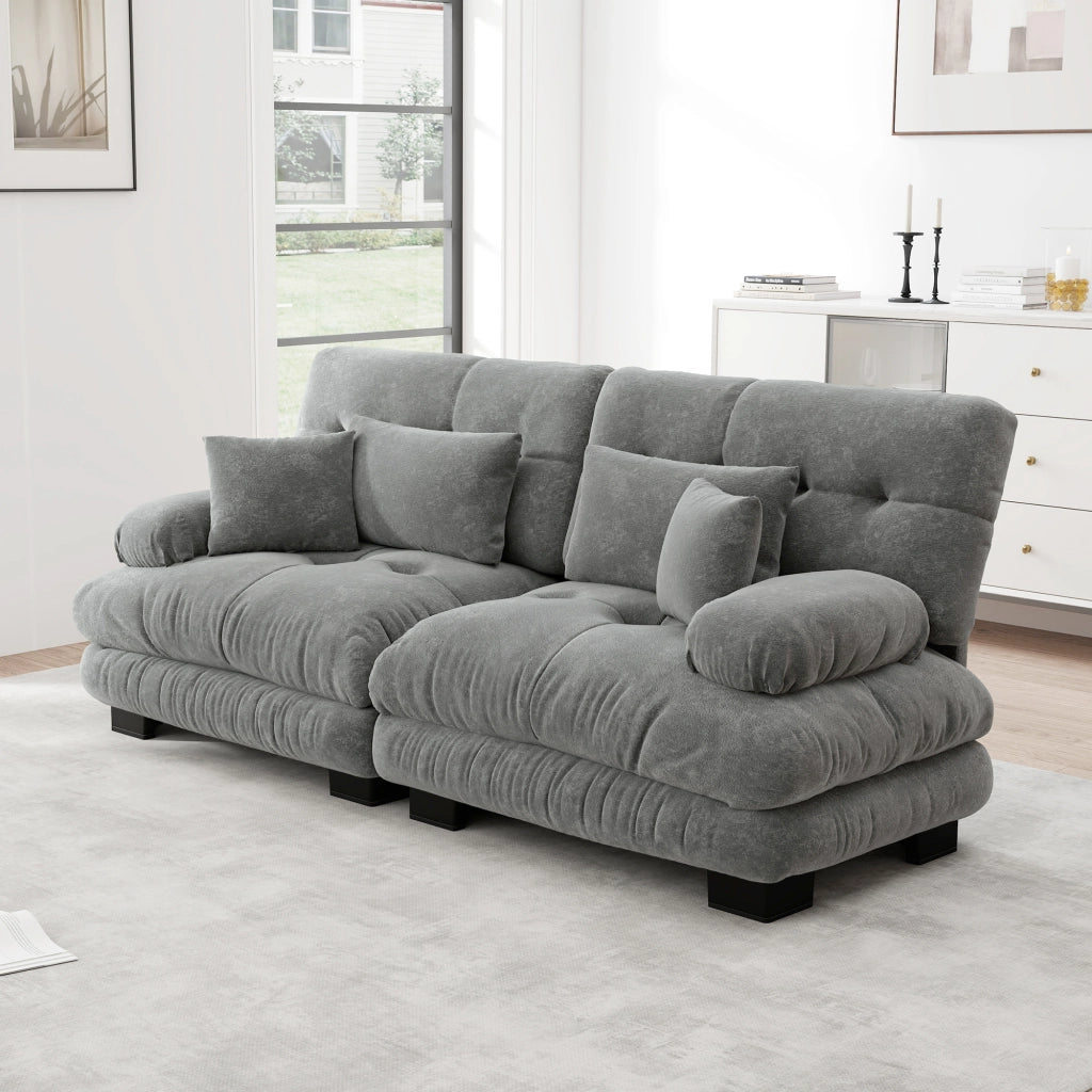 Divano angolare modulare in chenille con cuscini lombari e decorativi schienale ergonomico per soggiorno grigio