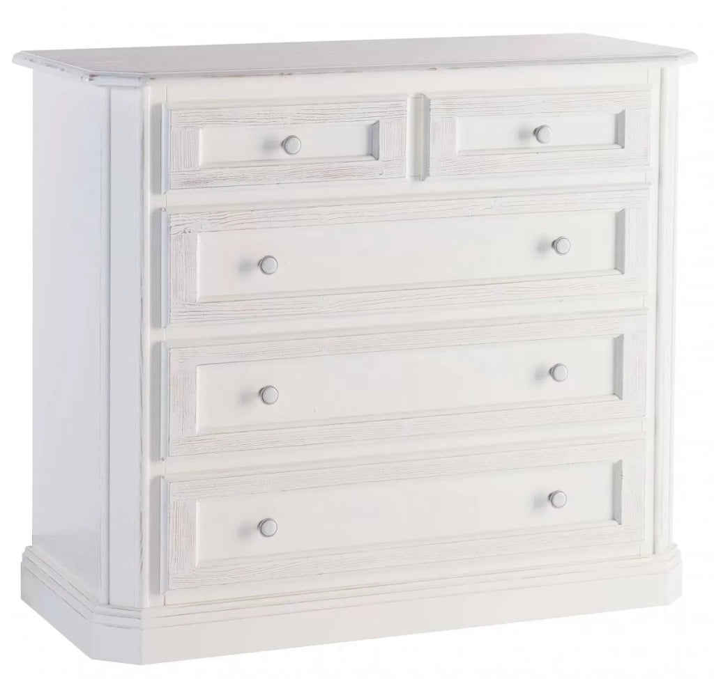 Cassettiera 5 cassetti legno abete shabby bianco consumato 116x51x101 (308) - Mobili 2G