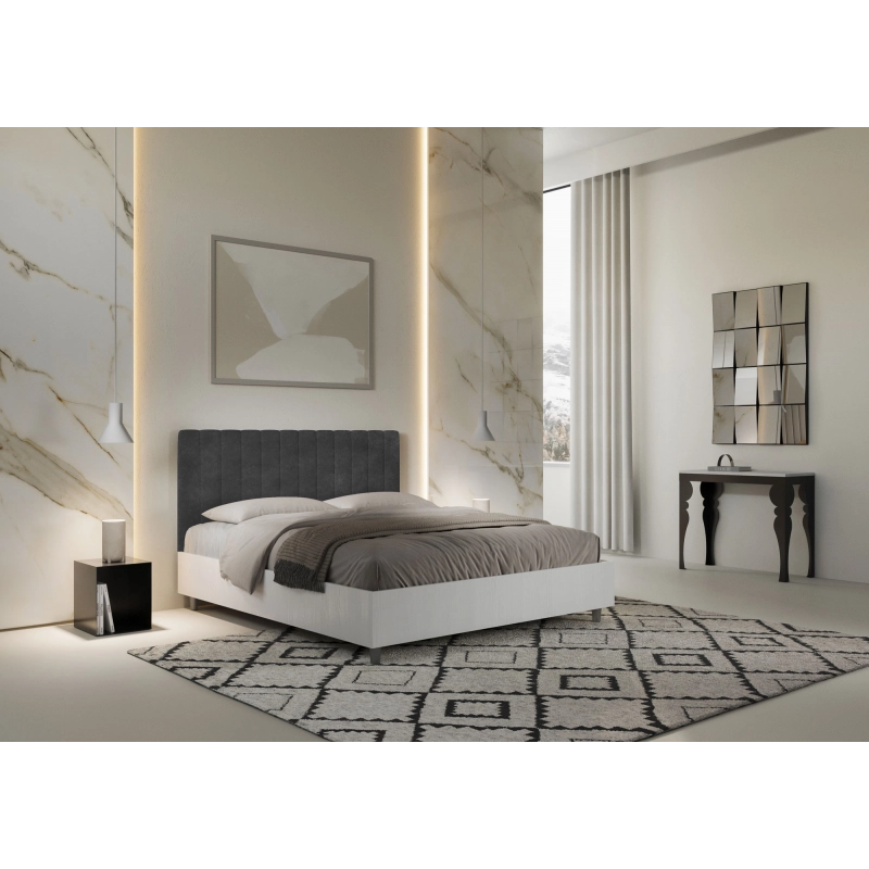 Letto Matrimoniale 160x200 cm struttura bianco frassino testata Kaia - Contenitore,Microfibra,Grigio