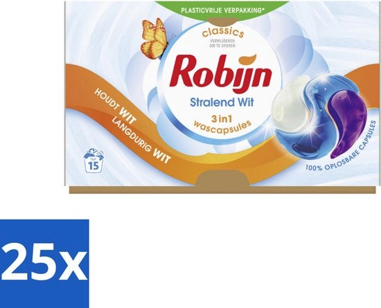 25 x Capsule 3 in 1 Brillante Bianco - 15 Dosi - Serum Bianco - Brillante Bianco - Capsule di Risciacquo - Rafforzatore di Sapone