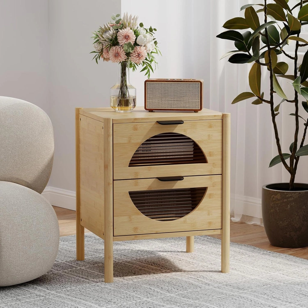 Comodino in bambù, comodino con 2 cassetti in vetro striato, gambe con stampa antiscivolo, 45 x 40 x 56 cm, tavolino per camera da letto, soggiorno